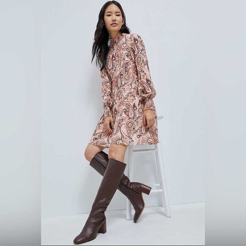 NWT Anthropologie Cady Mock Neck Dress Puff Sleeves Paisley Peach Boho Size XS
